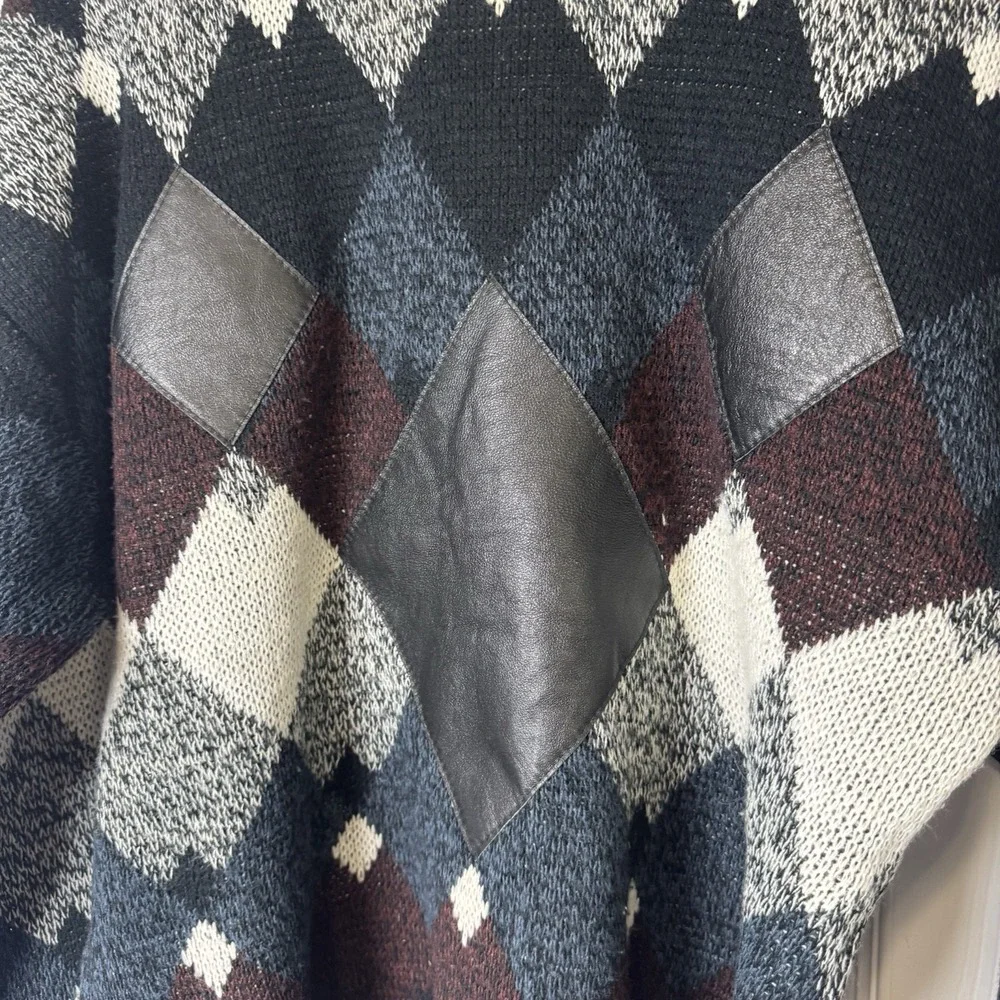 Vtg Impact Mens Sweater‎ Sz L Knit Argyle Leather Patches Trim Navy Maroon Gray